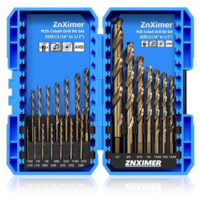 ZNXIMER Cobalt Drill Bit Set, Metal Drill Bit Set for Steel, Hardened Metal, Stainless Steel, 21PCS Drill Bits 1/16" to 1/2" with Index Storage Case - Image 1